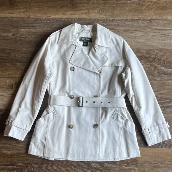 NWOT VTG Eddie Bauer Double Breasted Belted Trench Coat MIDI White Women’s L P - Picture 1 of 11